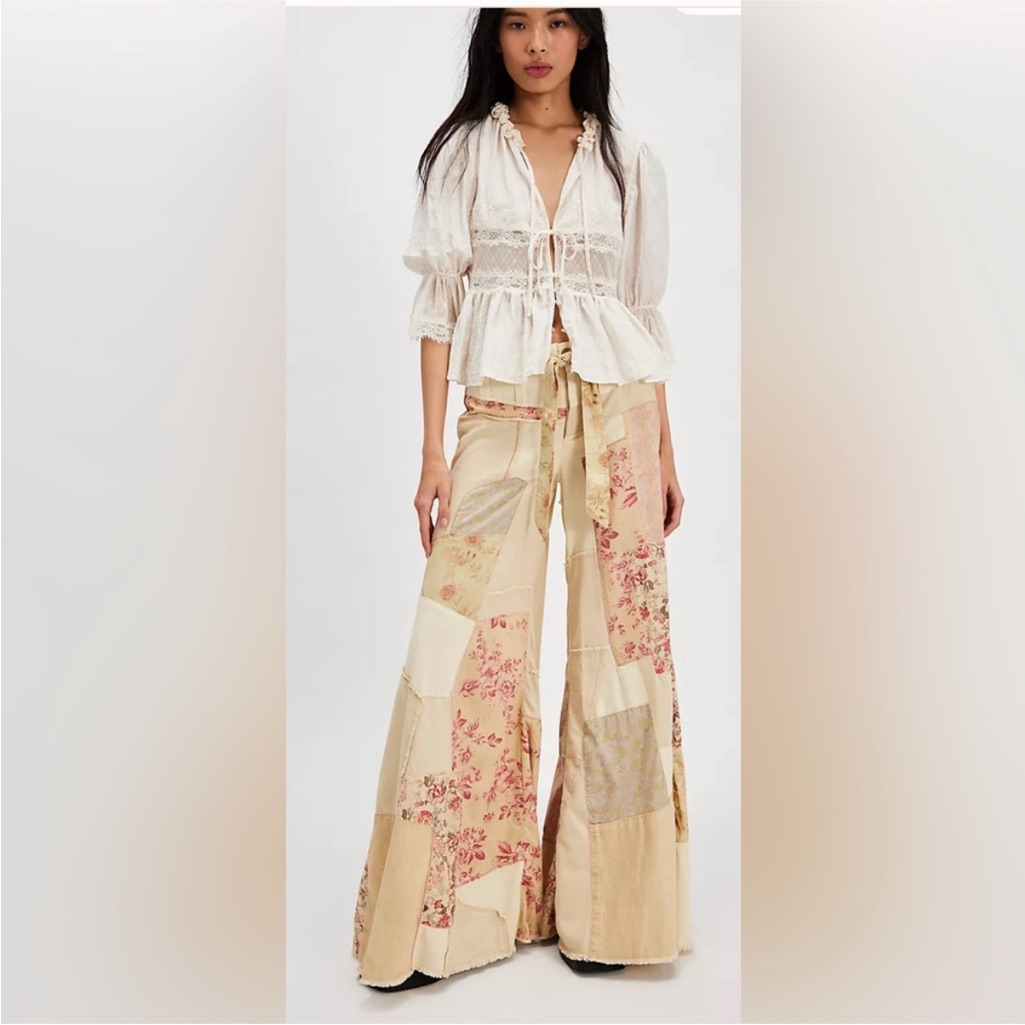 Nwt Free People Savannah Patchwork Pants Wide Leg Mid Rise Size 4